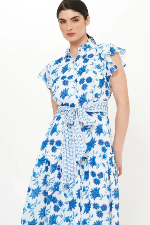 Oliphant Ruffle Collar Button Maxi- Marion Blue