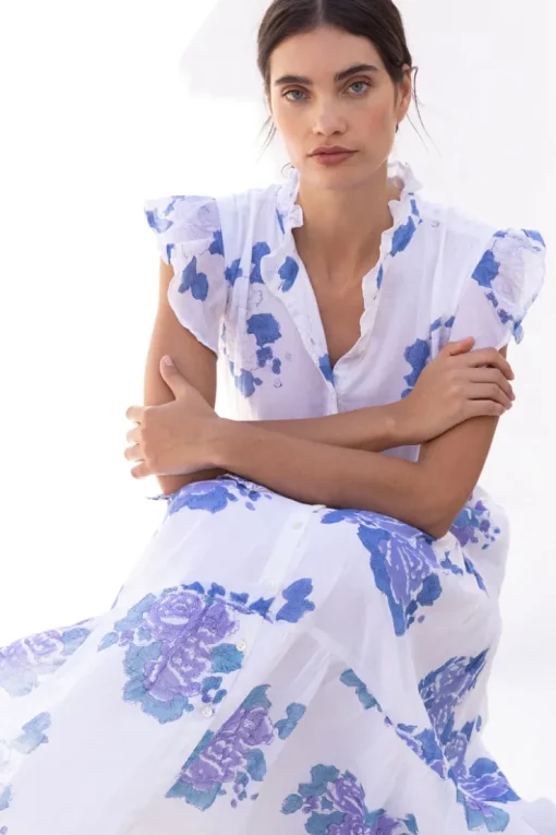 Oliphant Ruffle Collar Button Maxi- Portofino Blue