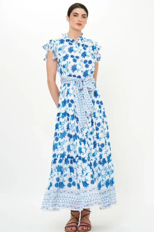 Oliphant Ruffle Collar Button Maxi- Marion Blue