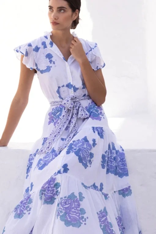 Oliphant Ruffle Collar Button Maxi- Portofino Blue