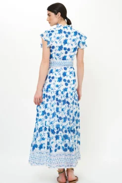 Oliphant Ruffle Collar Button Maxi- Marion Blue