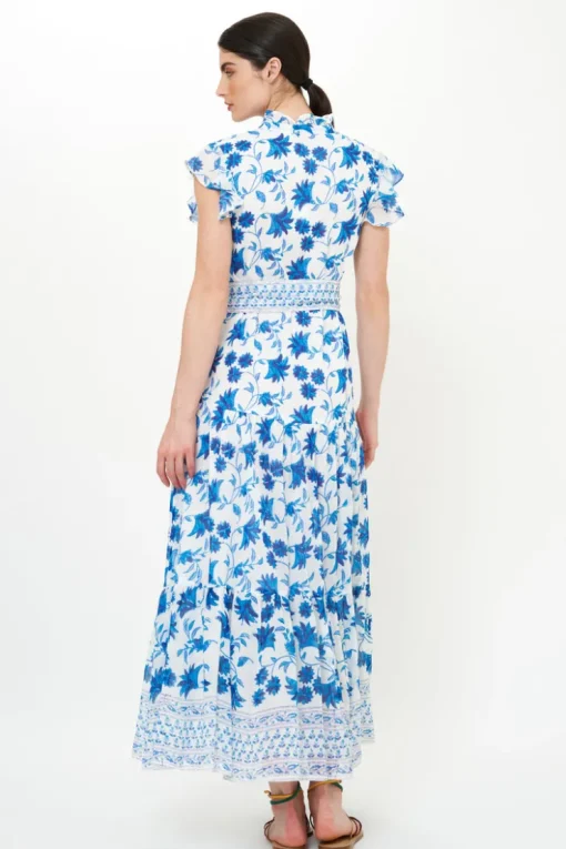 Oliphant Ruffle Collar Button Maxi- Marion Blue
