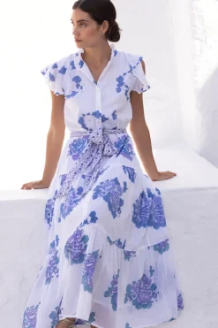 Oliphant Ruffle Collar Button Maxi- Portofino Blue