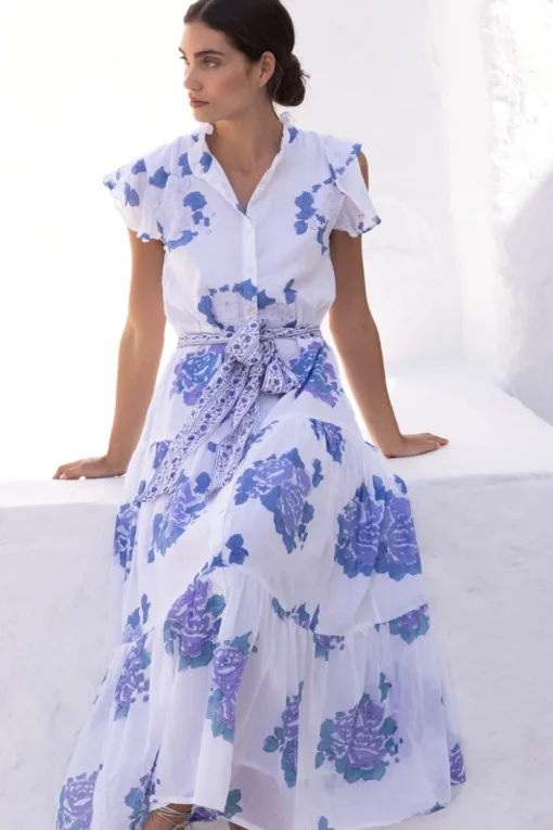 Oliphant Ruffle Collar Button Maxi- Portofino Blue