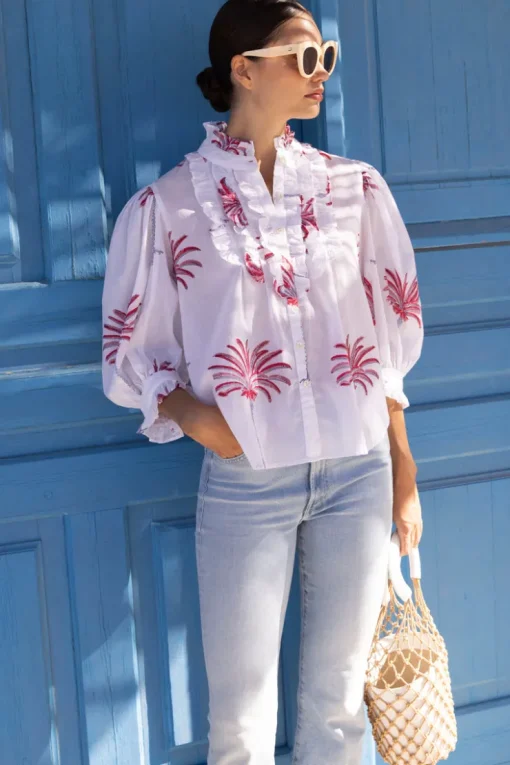 Oliphant Ruffle Front Button Blouse- Canary Coral