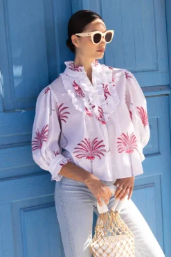 Oliphant Ruffle Front Button Blouse- Canary Coral