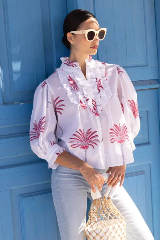 Oliphant Ruffle Front Button Blouse- Canary Coral