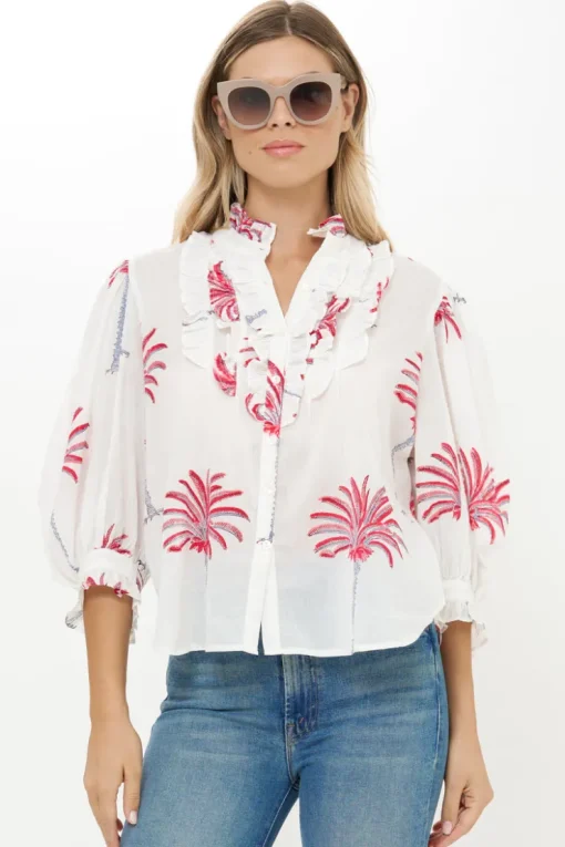 Oliphant Ruffle Front Button Blouse- Canary Coral