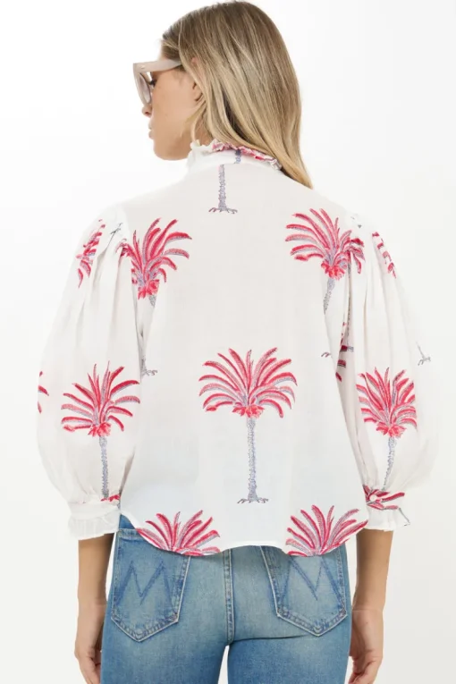 Oliphant Ruffle Front Button Blouse- Canary Coral