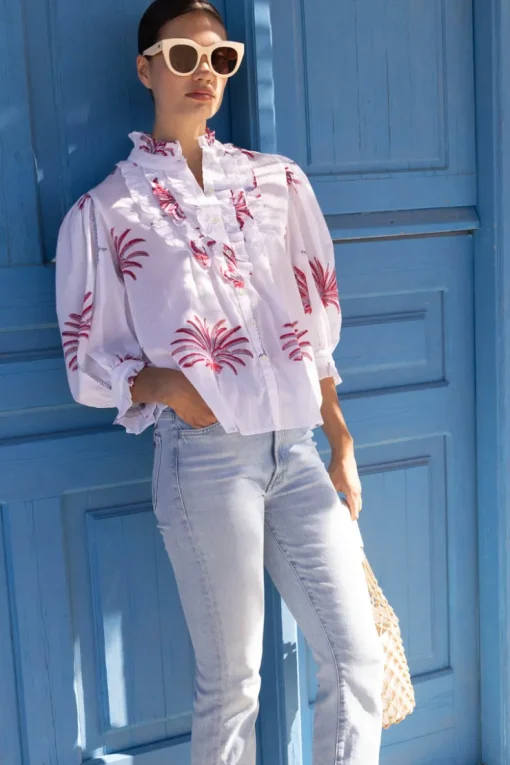 Oliphant Ruffle Front Button Blouse- Canary Coral