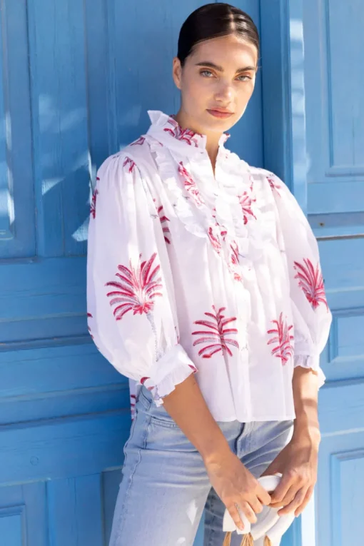 Oliphant Ruffle Front Button Blouse- Canary Coral
