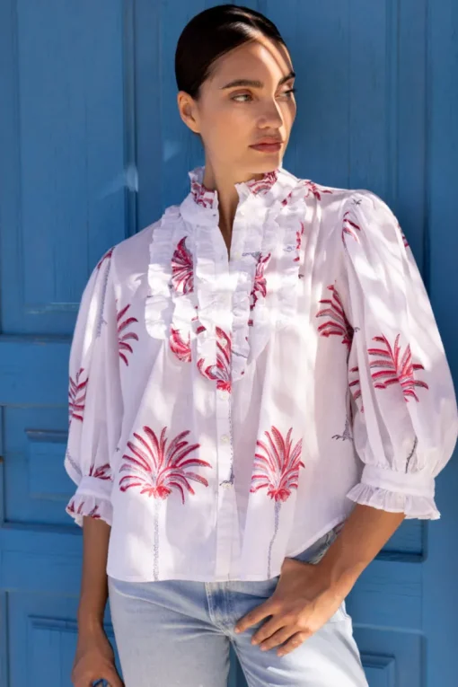Oliphant Ruffle Front Button Blouse- Canary Coral