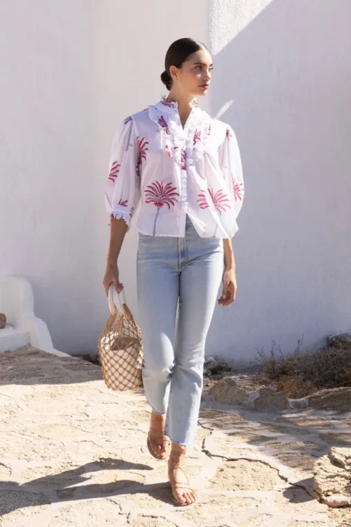Oliphant Ruffle Front Button Blouse- Canary Coral