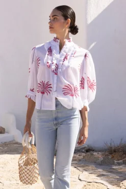 Oliphant Ruffle Front Button Blouse- Canary Coral