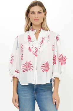 Oliphant Ruffle Front Button Blouse- Canary Coral