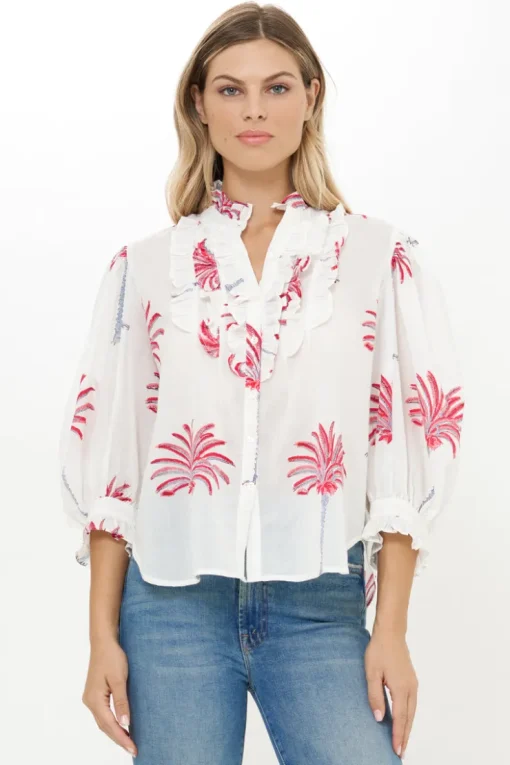 Oliphant Ruffle Front Button Blouse- Canary Coral
