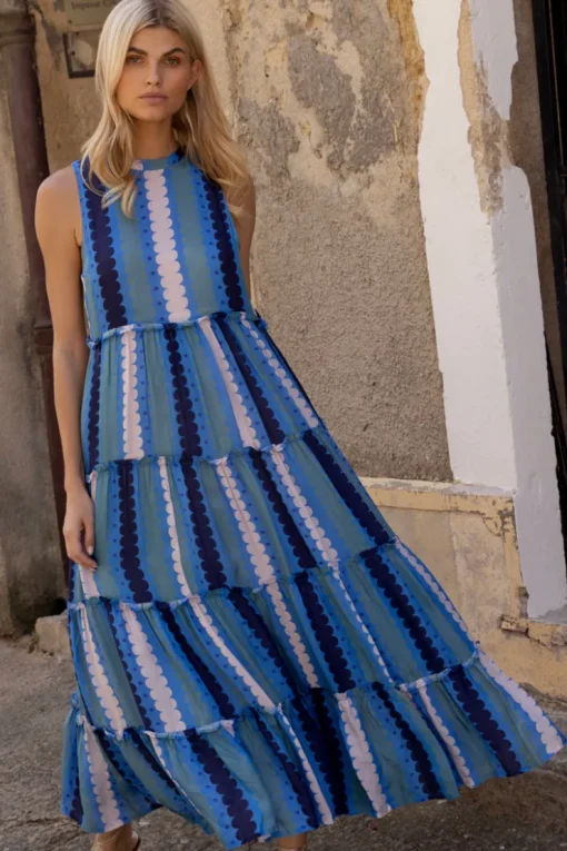 Oliphant Ruffle Tiered Maxi- Meko Blue