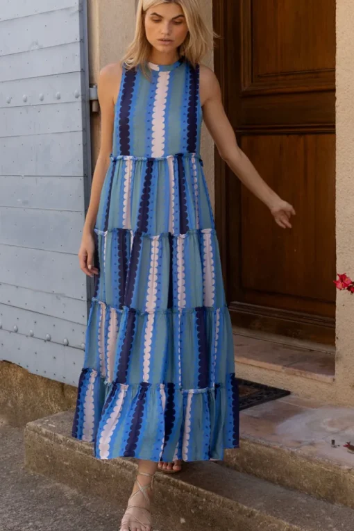 Oliphant Ruffle Tiered Maxi- Meko Blue