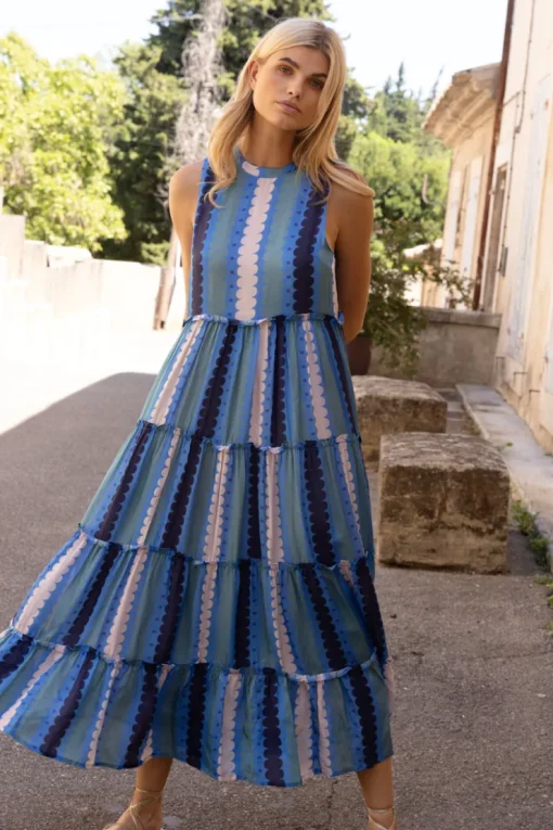 Oliphant Ruffle Tiered Maxi- Meko Blue