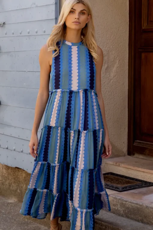 Oliphant Ruffle Tiered Maxi- Meko Blue