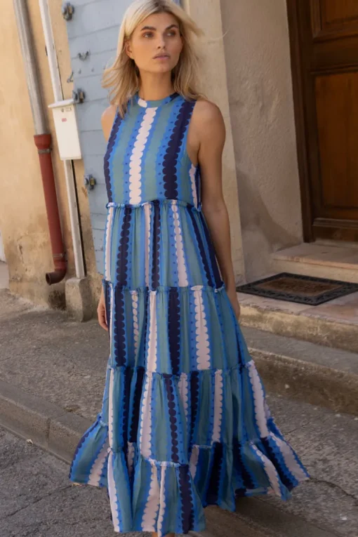 Oliphant Ruffle Tiered Maxi- Meko Blue
