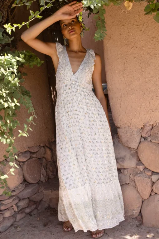 Oliphant Ruffle V-Neck Maxi- Juniper Olive