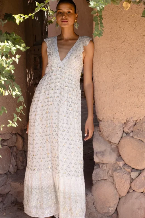 Oliphant Ruffle V-Neck Maxi- Juniper Olive