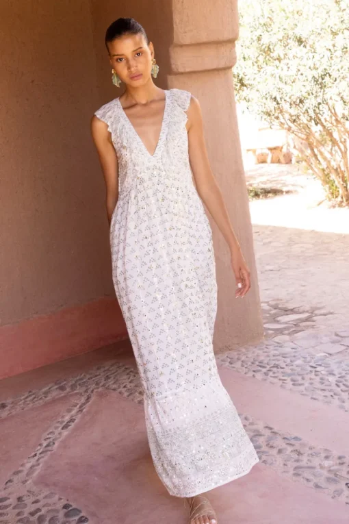 Oliphant Ruffle V-Neck Maxi- Juniper Olive