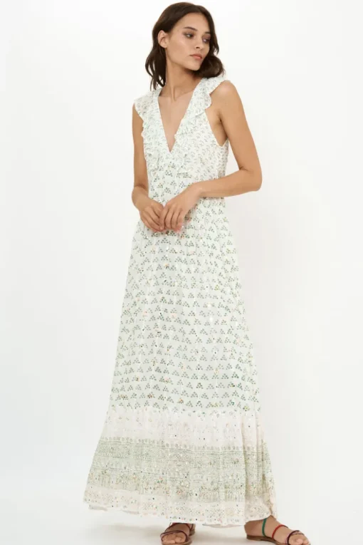 Oliphant Ruffle V-Neck Maxi- Juniper Olive