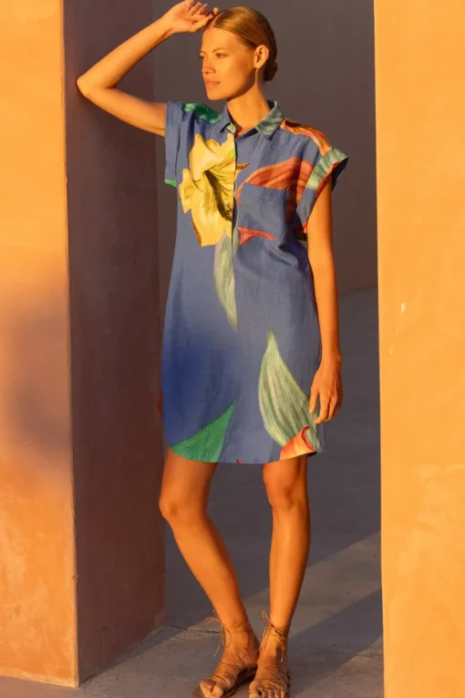 Oliphant Shirt Dress Mini- Hibiscus Blue