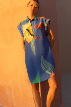 Oliphant Shirt Dress Mini- Hibiscus Blue