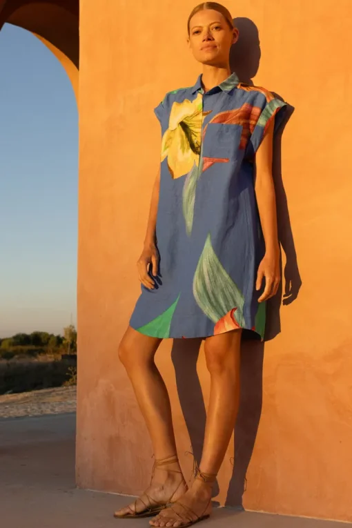 Oliphant Shirt Dress Mini- Hibiscus Blue