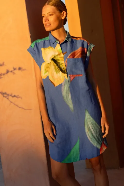 Oliphant Shirt Dress Mini- Hibiscus Blue