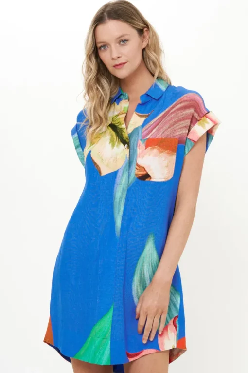 Oliphant Shirt Dress Mini- Hibiscus Blue
