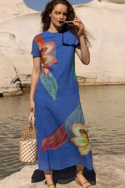 Oliphant Short Sleeve Shift Maxi- Hibiscus Blue