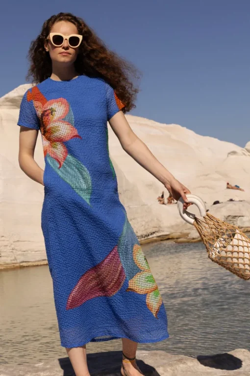 Oliphant Short Sleeve Shift Maxi- Hibiscus Blue