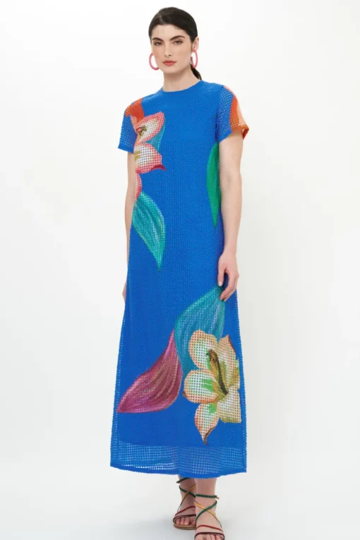 Oliphant Short Sleeve Shift Maxi- Hibiscus Blue