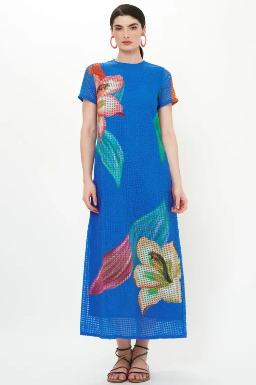 Oliphant Short Sleeve Shift Maxi- Hibiscus Blue