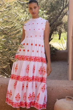 Oliphant Sleeveless Smocked Maxi- Calistoga Coral