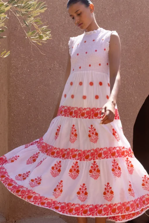 Oliphant Sleeveless Smocked Maxi- Calistoga Coral