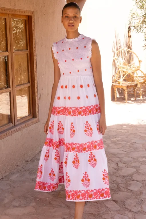 Oliphant Sleeveless Smocked Maxi- Calistoga Coral