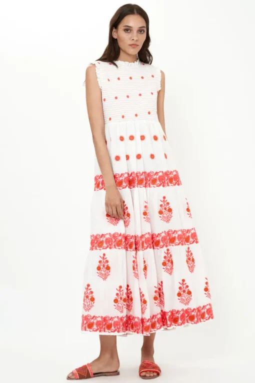 Oliphant Sleeveless Smocked Maxi- Calistoga Coral