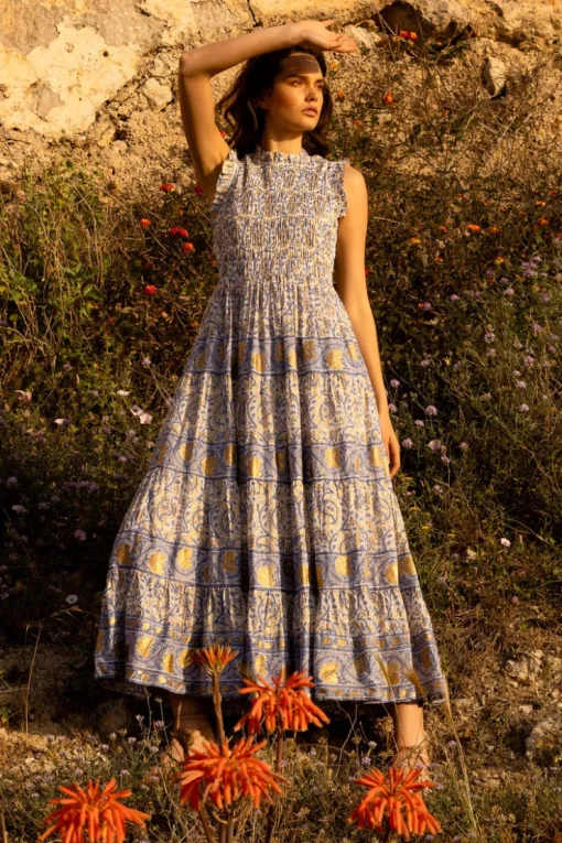 Oliphant Sleeveless Smocked Maxi- Marseille Blue