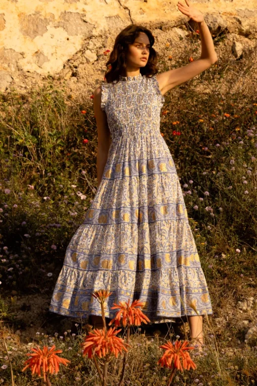 Oliphant Sleeveless Smocked Maxi- Marseille Blue
