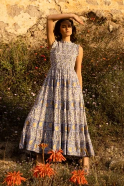 Oliphant Sleeveless Smocked Maxi- Marseille Blue