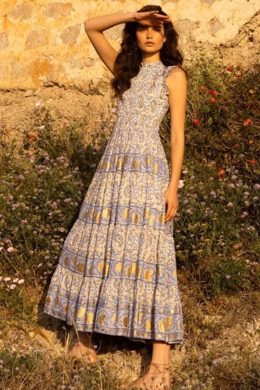 Oliphant Sleeveless Smocked Maxi- Marseille Blue