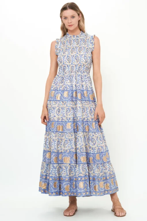 Oliphant Sleeveless Smocked Maxi- Marseille Blue