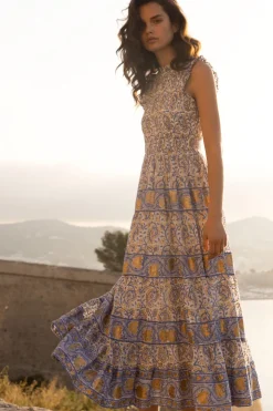 Oliphant Sleeveless Smocked Maxi- Marseille Blue