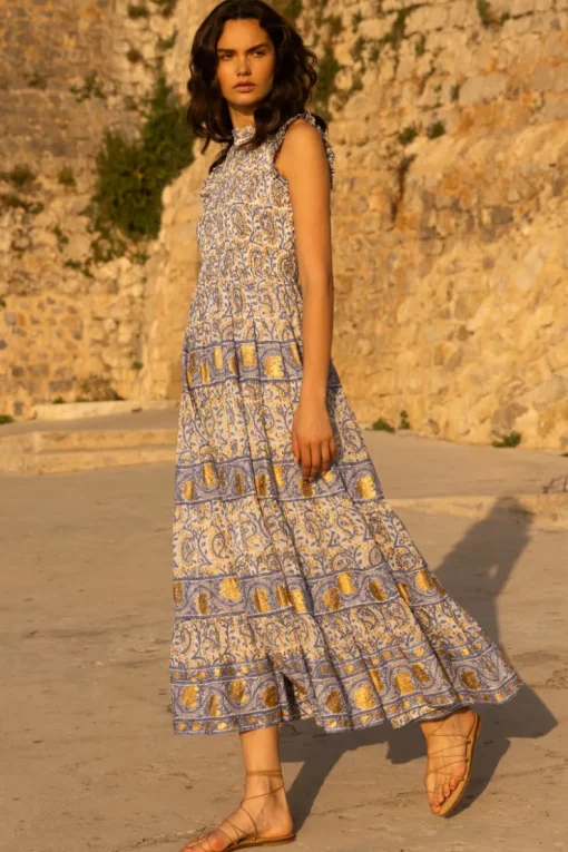 Oliphant Sleeveless Smocked Maxi- Marseille Blue