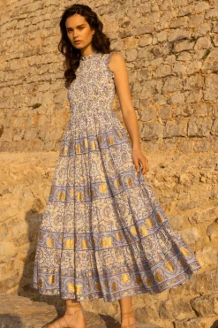 Oliphant Sleeveless Smocked Maxi- Marseille Blue